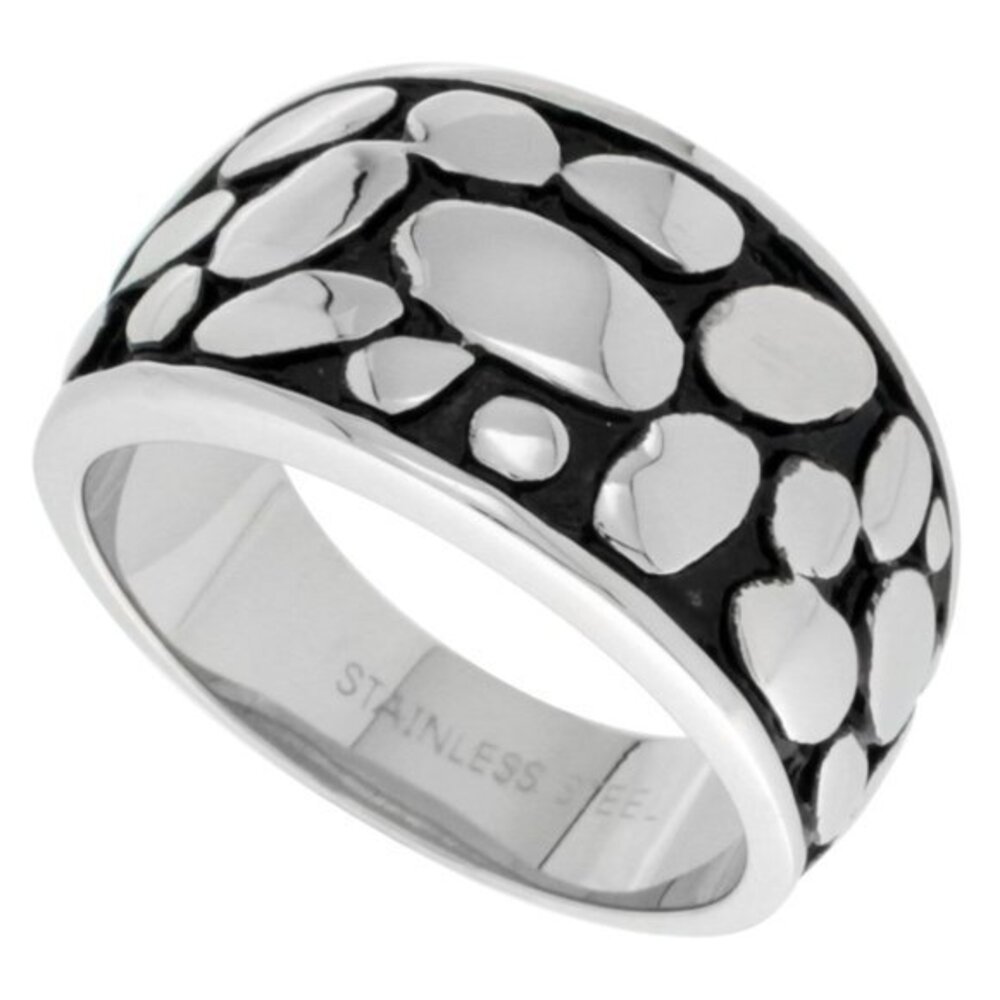 Surgical Stainless Steel Cigar Band Ring Bali Pebbles Pattern 1/2 inch wide
